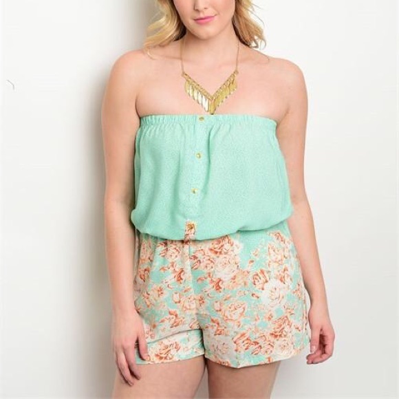 Plus Size Mint & Peach Floral Strapless Romper - Picture 2 of 5